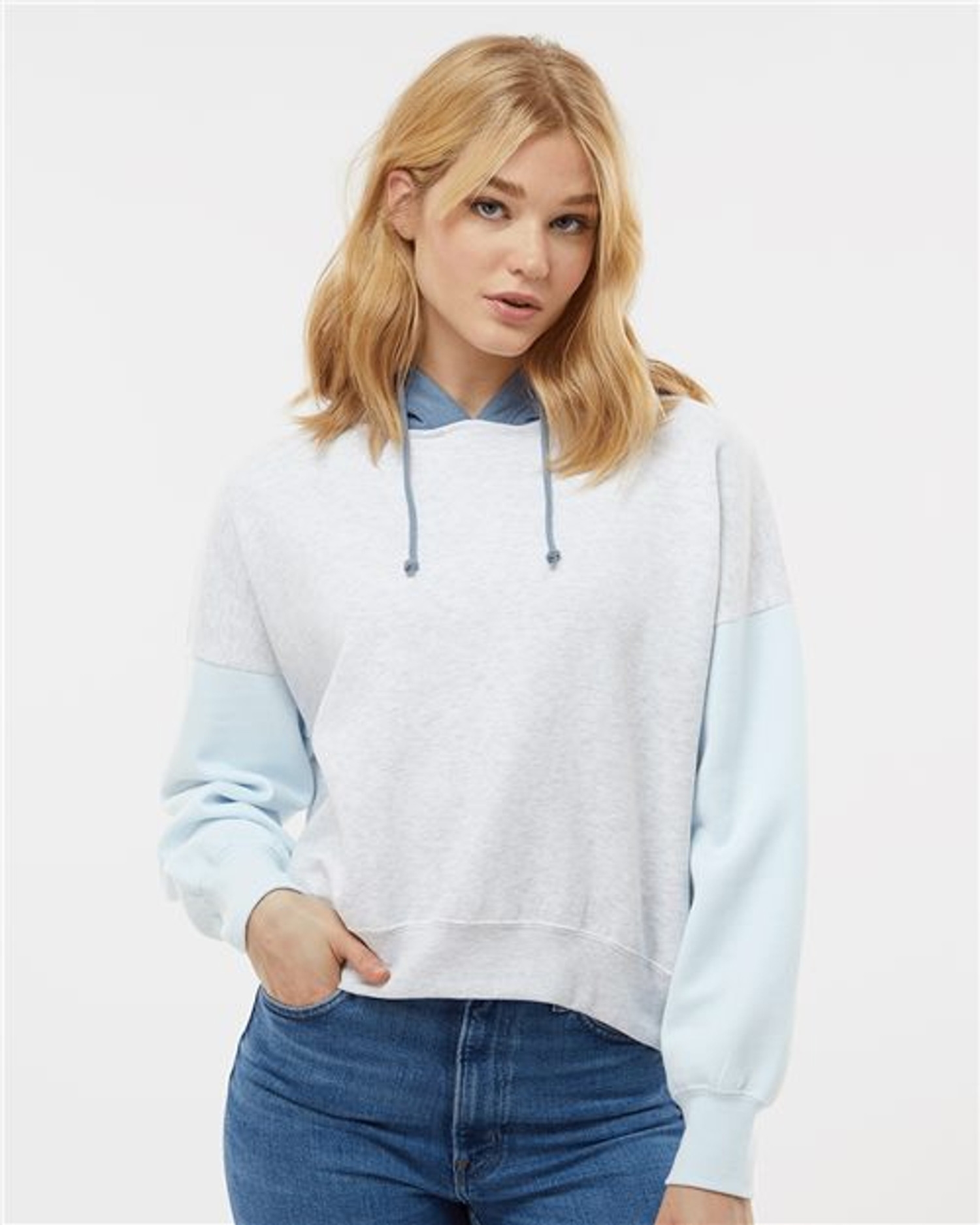 Women's Sueded Fleece Colorblocked Crop Hooded Sweatshirt [W23716]