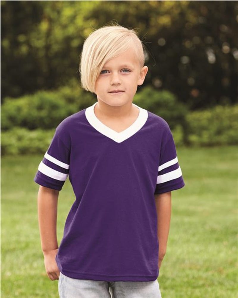 Youth V-Neck Jersey with Striped Sleeves