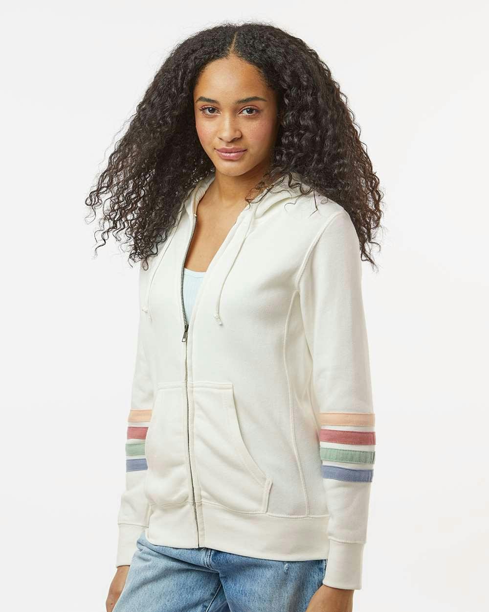 Women's Striped Sleeves Full-Zip Hooded Sweatshirt [W22732]